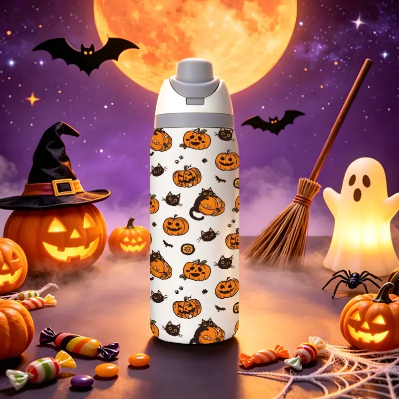 32oz Pumpkin Cat Sports Water Bottle, Stainless Steel Dual Straw Tumbler, Insulated Large Capacity Cup, Portable Outdoor Office Drinkware, Insulated Tumblers