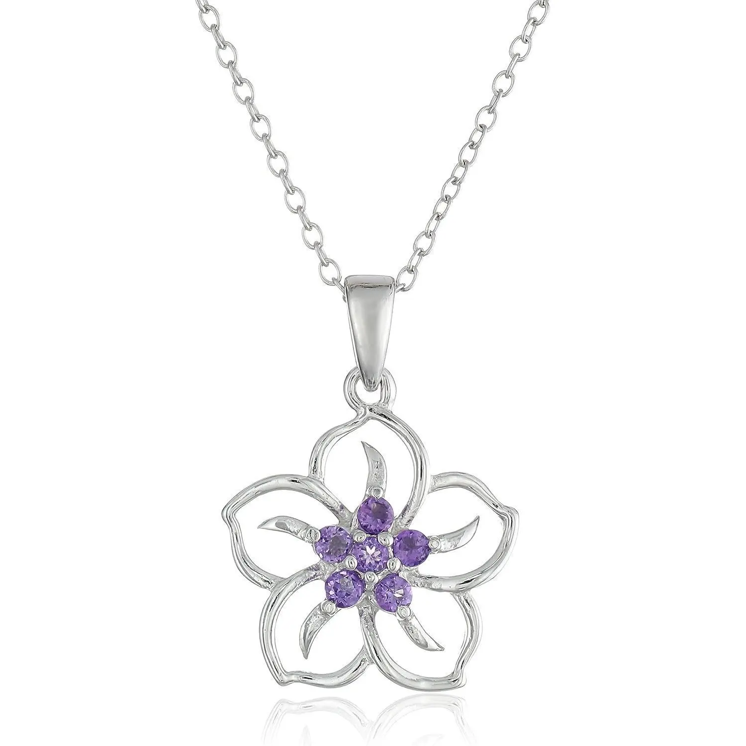 Amazon Collection Elegant Sterling Silver Birthstone Flower Pendant Necklace with Chain - 18 inches, Genuine/Created Gemstones (Created Emerald for May, African Amethyst for February), Ideal for Engagement, Created Emerald, May, African Amethyst, February