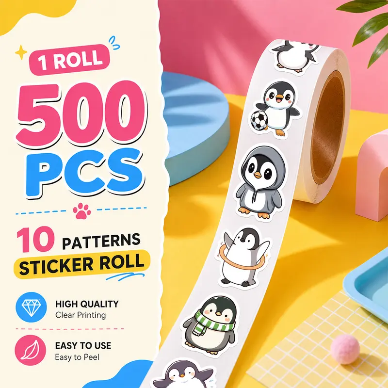 500PCS/Roll Penguin Sticker Roll, 10 Designs Aesthetic Decorative Sticker Tape, Self Adhesive Journaling Stickers for Notebook, Laptop, Phone Case and Daily Decoration