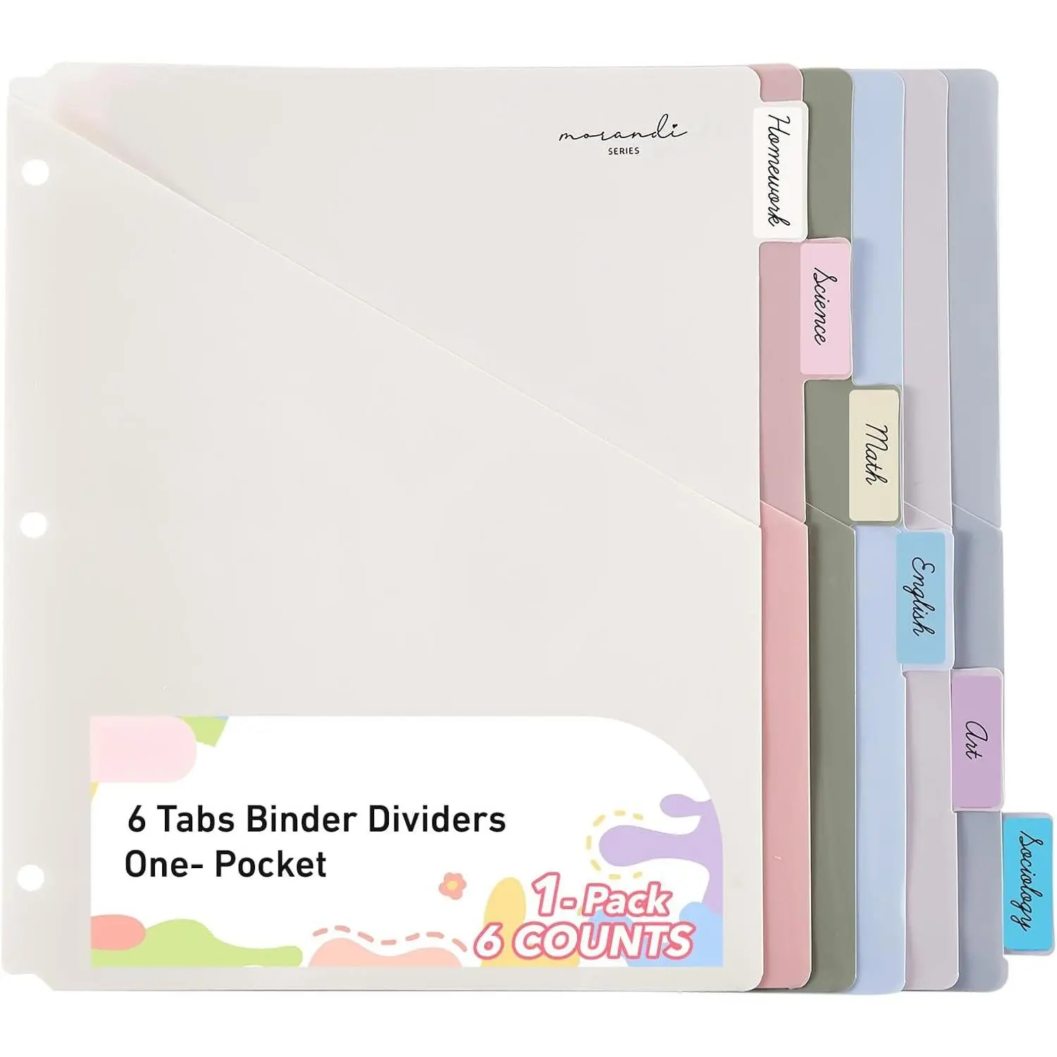 6-Tab Odor-Free Binder Dividers with Pockets, 1-Pack Letter Size 8.5x11'' Morandi Colors for 3-Ring Binders, Ideal for Projects & Schedule, 6-Tabs