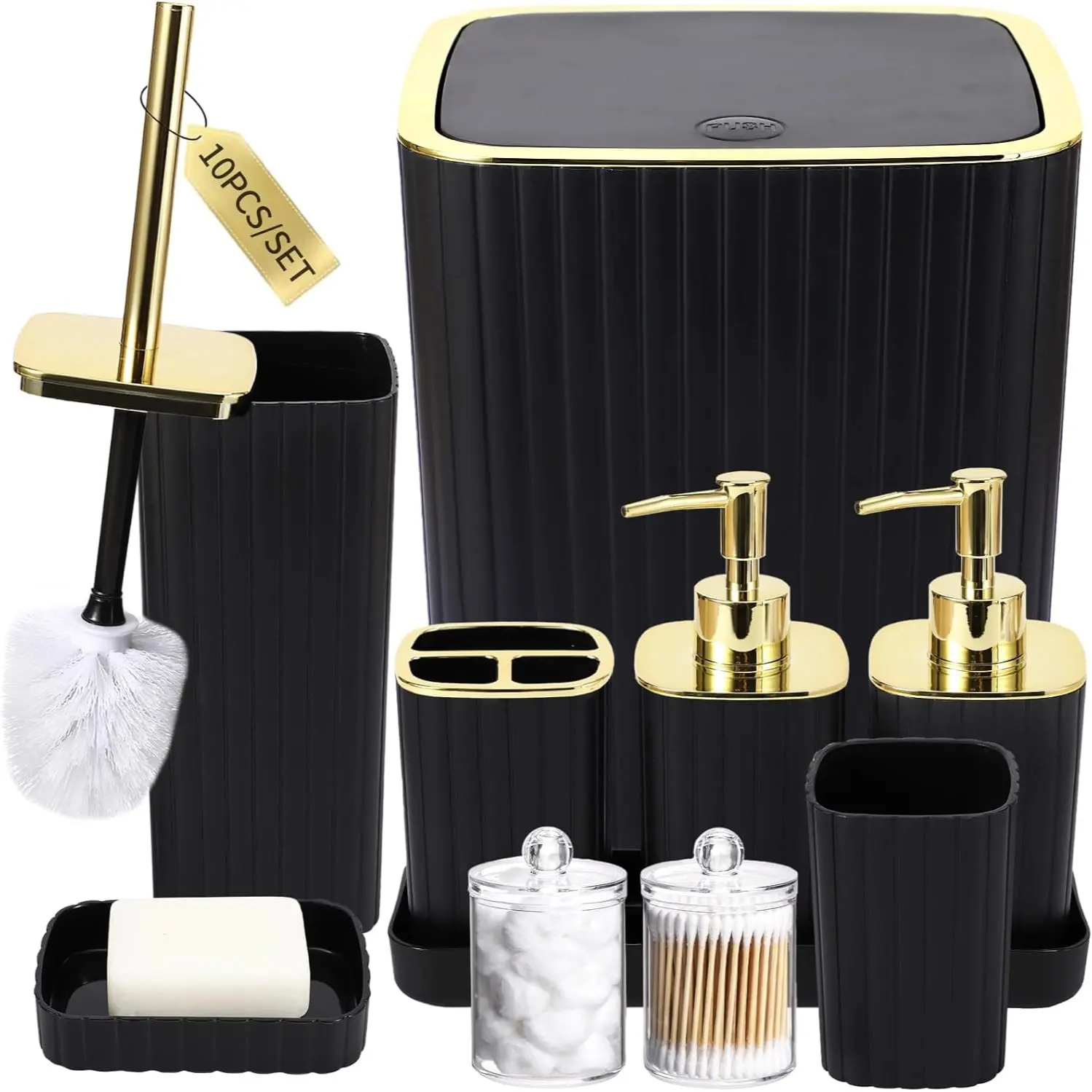 Luxury Gold Trim Accent Vertical Texture Bathroom Accessories Set, High-End Hotel Home Bathroom Counter Decor Gift Set