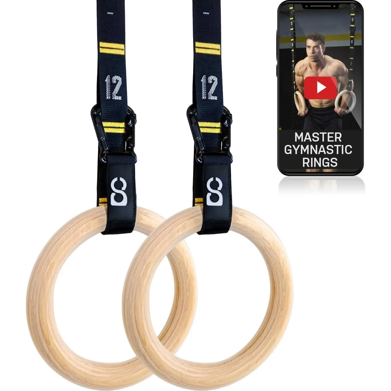 Gymnastics Rings with Quick Adjust Numbered Straps and Exercise Videos Guide - Full  Workout Rings, Calisthenics,  Gym (Multi-Size)