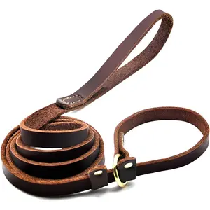 Real Leather Slip Lead Dog Leash, Soft Adjustable Pet Slip Leads with Slider, Heavy Duty Flat Dog Training Leash for Medium and Large Dogs, 6ft Long by 0.7 Inch Wide, Brown
