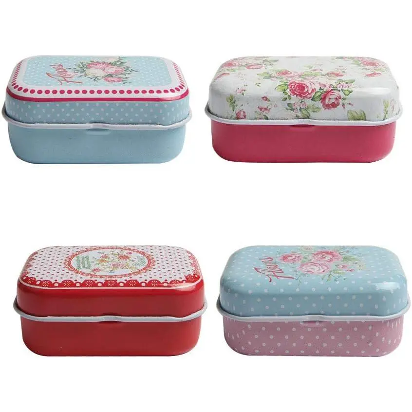 4 count Mini Flower Tin Trinket   Box Tinplate Storage Case Small Rectangular