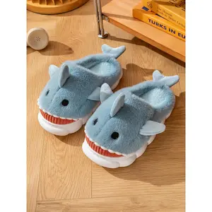 Men's Cute Fluffy Cartoon Shark Design Plush Home Slippers, Casual Soft Fuzzy Plush Pillow-like Comfortable Home Slippers, Warm & Cozy Slippers for Fall & Winter Wear, House Shoes, Footwear, Indoor Slippers