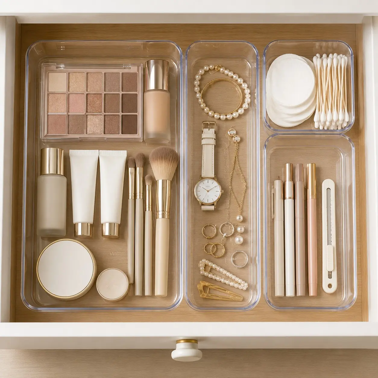 Transparent Drawer Organizer Set, Multi-Compartment Acrylic Storage Box, Durable Plastic Desktop Tray, Beauty Organizer, Ideal for Makeup, Office, Bathroom