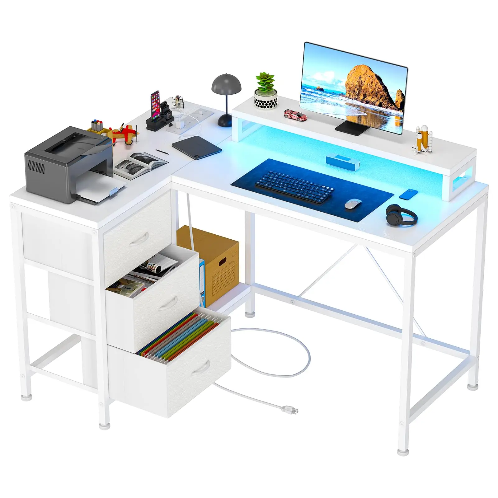 GARVEEL Shaped Desk with Power Outlets & LED Lights, Computer Desk with Drawers & Shelves, Corner Desk Gaming Desk Home Office Desk, White