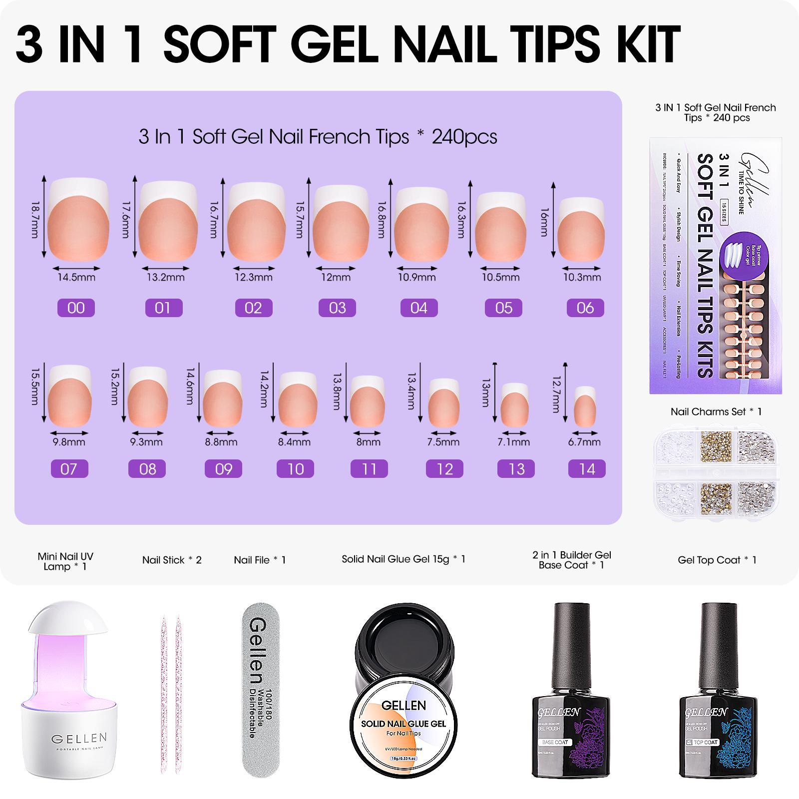 Gellen Complete French Tip Nail Kit – 240pcs, Gel top coat & base coat, UV lamp, Solid Nail Glue Nailartkits Polishset