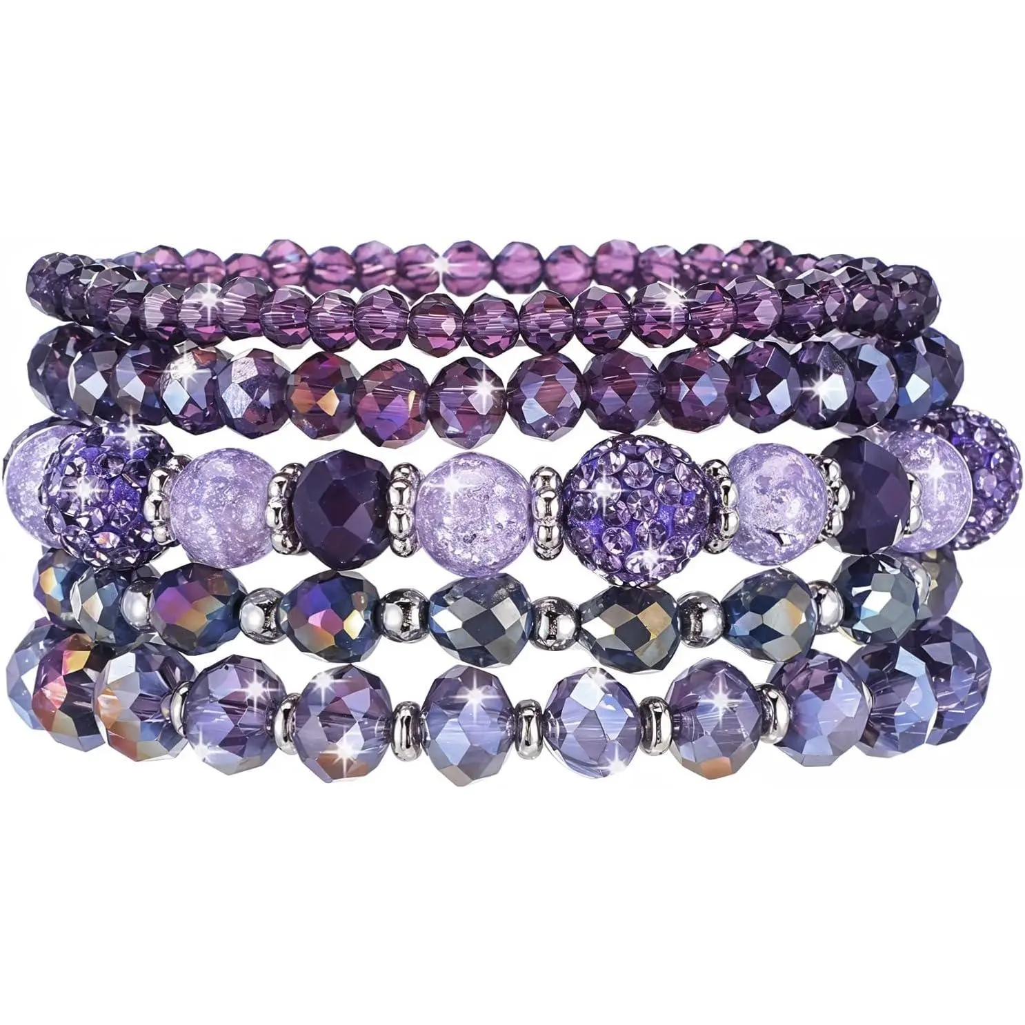 5Pcs Beaded Bracelets for Women, Bohemian Glass Faceted Crystal Beads Bracelet, Stackable Boho Disco Ball Stretch Bracelets, Multilayered Purple Jewelry Gift for Women, Mother's Day