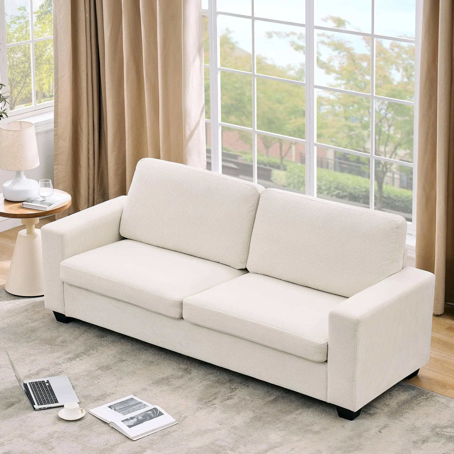 83" Comfy Sofa for Living Room – Corduroy Beige 3-Seater with Removable Cushions & Deep Seat