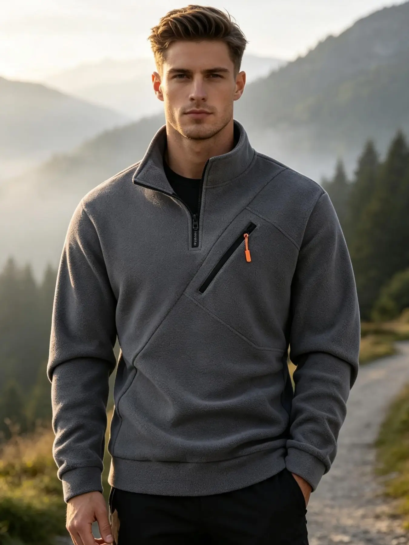 Men's fashionable sports pullover sweater, featuring a stand collar and long sleeves, equipped with practical slant pockets