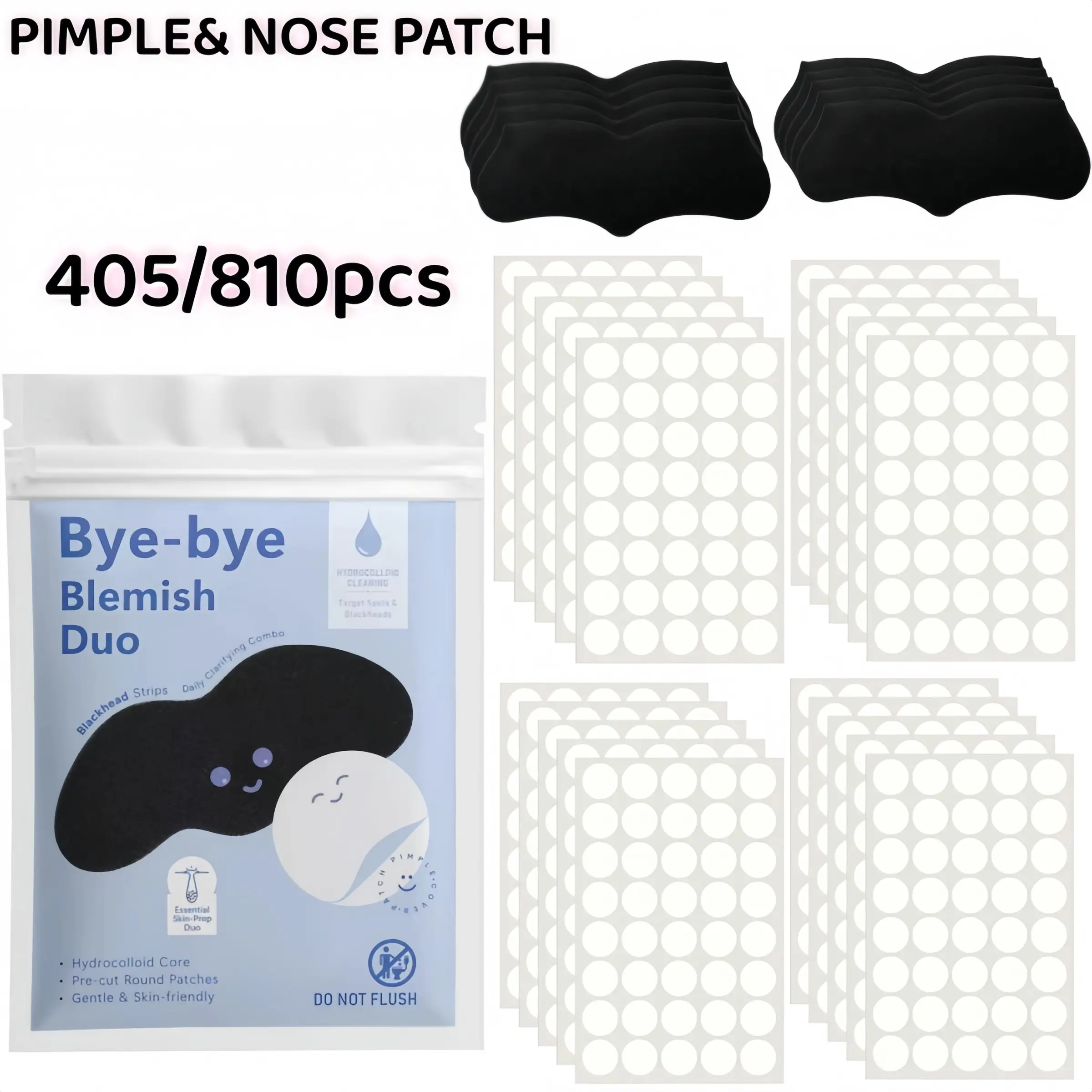 405/810pcs Hydrocolloid Pimple Patch & Nose Strip Combo, Bye-bye Blemish Duo Invisible Acne Patches with Blackhead Removal Pore Cleansing Nose Strips for Daily Face Care