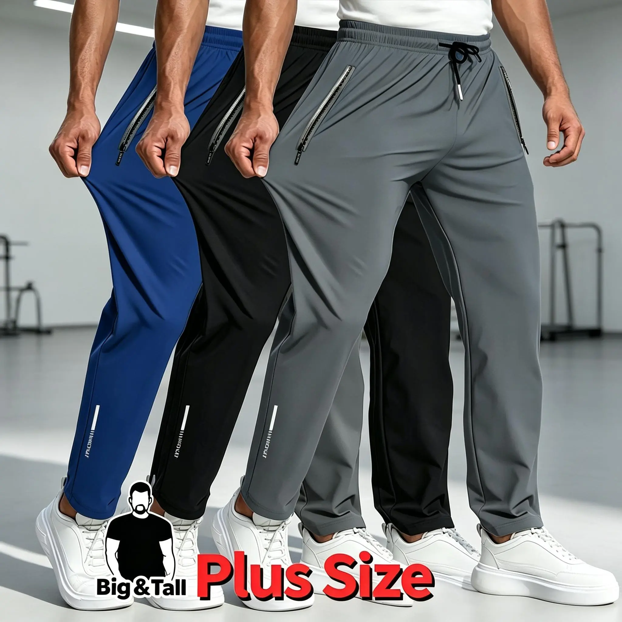 Men’s 3-Pack Big & Tall Plus Size Polyester Quick-Dry Stretch Jogger Pants - Male Basic Sporty Chic Athletic Pants with Drawstring Waist, Zipper Side Pockets, Loose Fit for Running, Gym, Daily Casual Wear, Gym/Jogging, Elastic Waistband, Zippered Pockets,