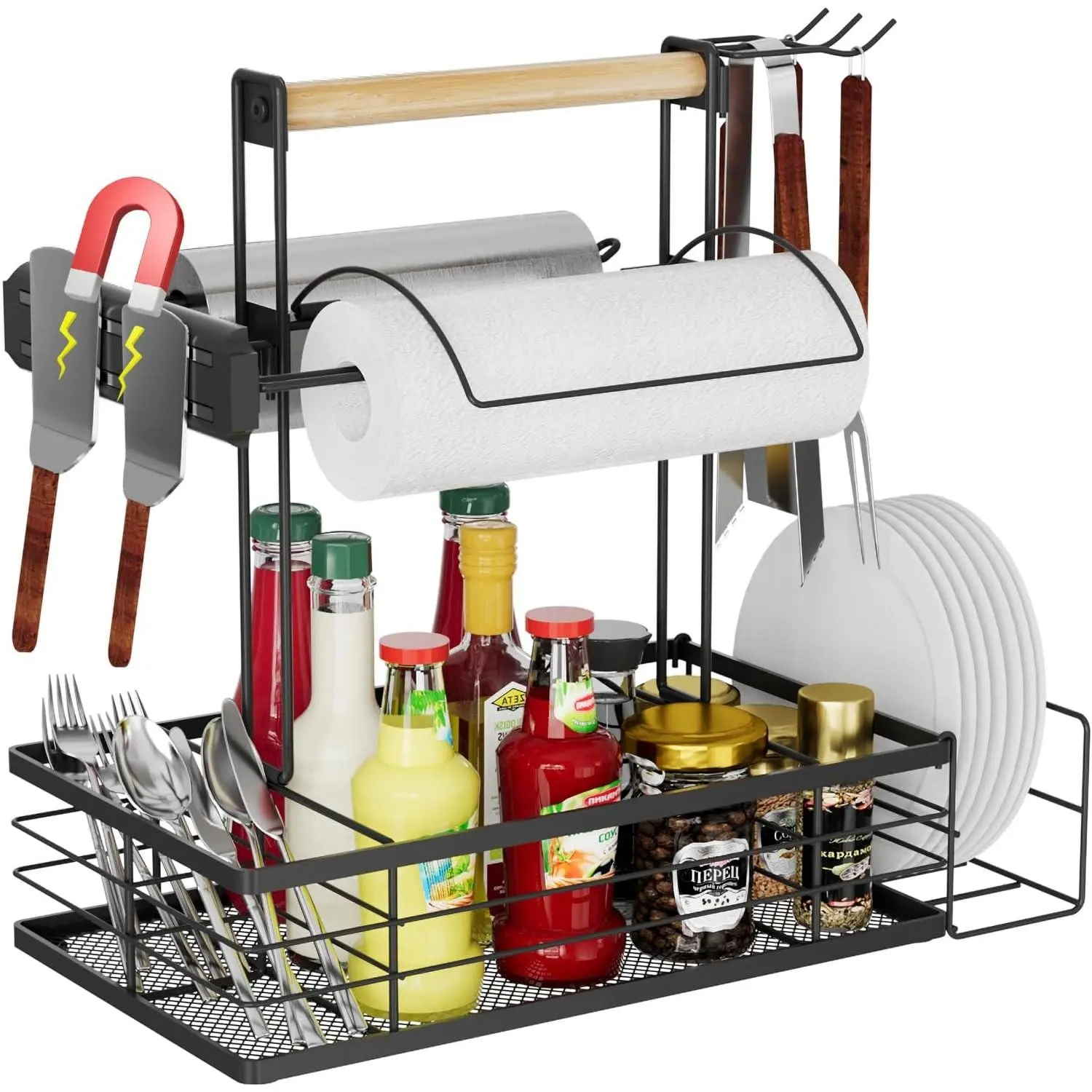 Grill Caddy with Magnetic Tool Holder & Paper Towel Holder, Outdoor BBQ Utensil Condiment Organizer for Camping, Camper Cooking