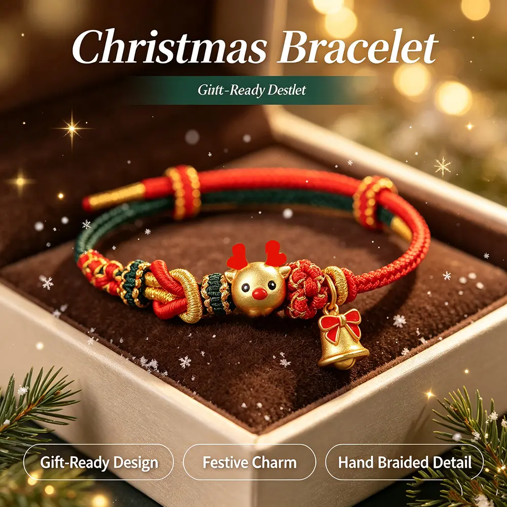 Women's 1PC Reindeer Charm Bracelet with Adjustable Rope, Red-Green Braided Rope, 1-Piece Female Size Christmas Holiday Costume Jewelry Gift
