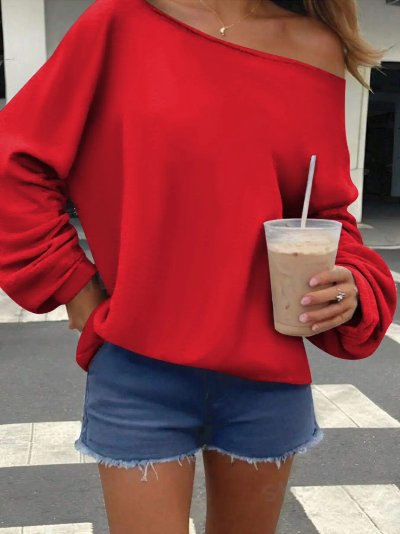 Women's Y2K Style Off-Shoulder Long Sleeve Knit Sweatshirt, Simple Solid Color, Fashionable Shoulder Design, Daily Wear