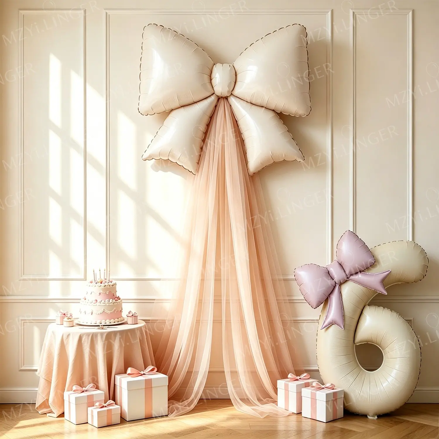 5-Piece DIY Bow Birthday Balloon Set, 32-Inch Cream Number Balloon, Medium Bow Balloon, Net Gauze, Party Decorations, Balloon Decorations Kit, Party Balloons Decorations