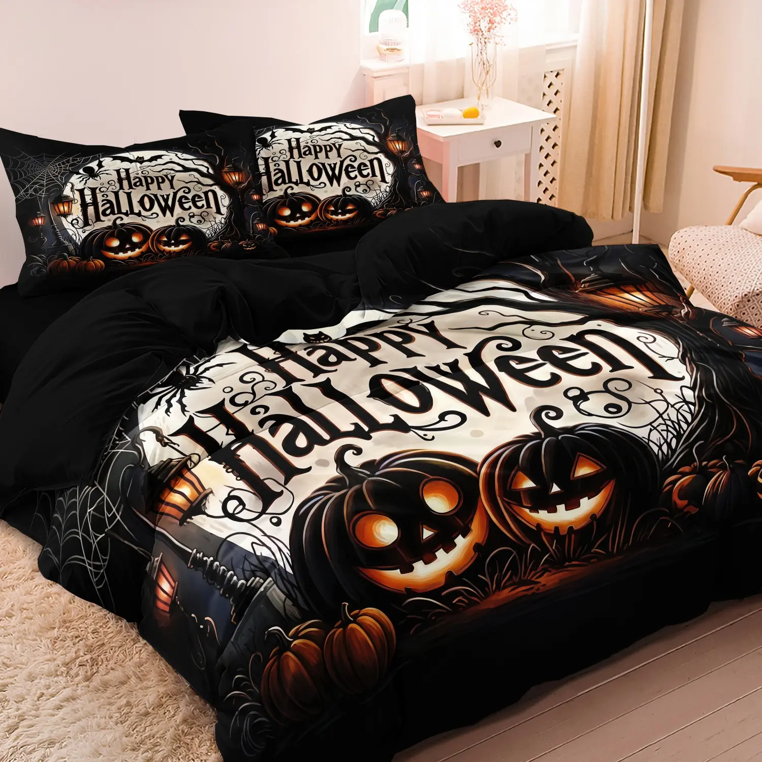 3Pcs Happy Halloween Spooky Pumpkin Print Duvet Cover Set, Lantern Spider Web Bat Retro Lantern Printed Bedding, Soft Microfiber Scary Holiday Bedroom Decoration, Multiple Sizes Available (1 Duvet Cover + 2 Pillowcases, No Comforter No Pillow)