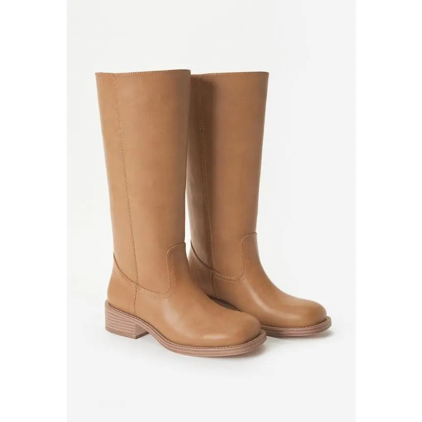 JUST FAB Women's Banana Knee High Boots Square Toe Eco Leather Cowboy Boots, Pull-On Block Heel Western Fashion Boots for Fall Chunky Riding Boots Low Heel Shoe Footwear Stylish Leather Platform Campus Boots for  Comfortable Womens Riding Tall Boots