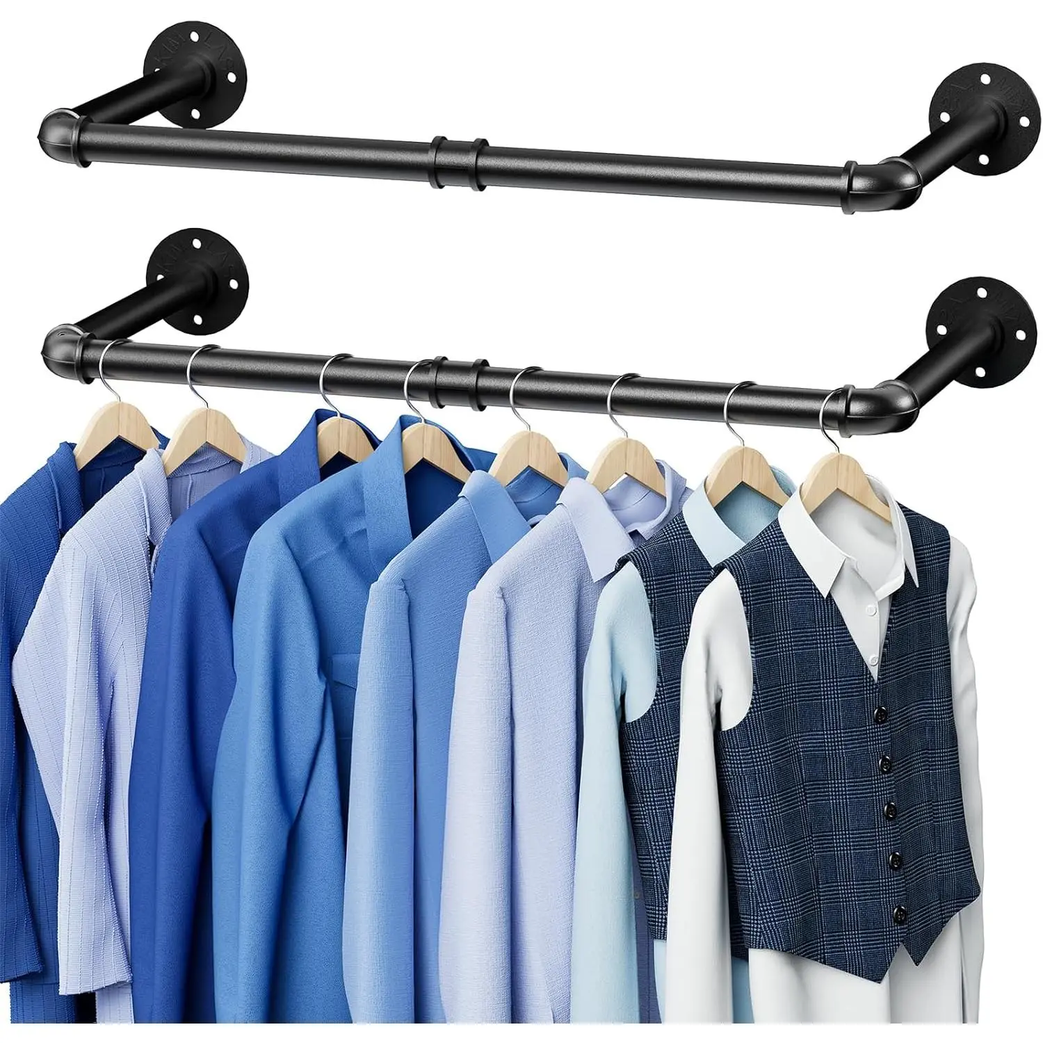 Wall Mounted Clothes Rack 38.4 Inch, 2 Pack Industrial Pipe Clothing Rack, Black Wall Clothing Rack, Multi-Purpose Clothing Hanging Rod for Closet