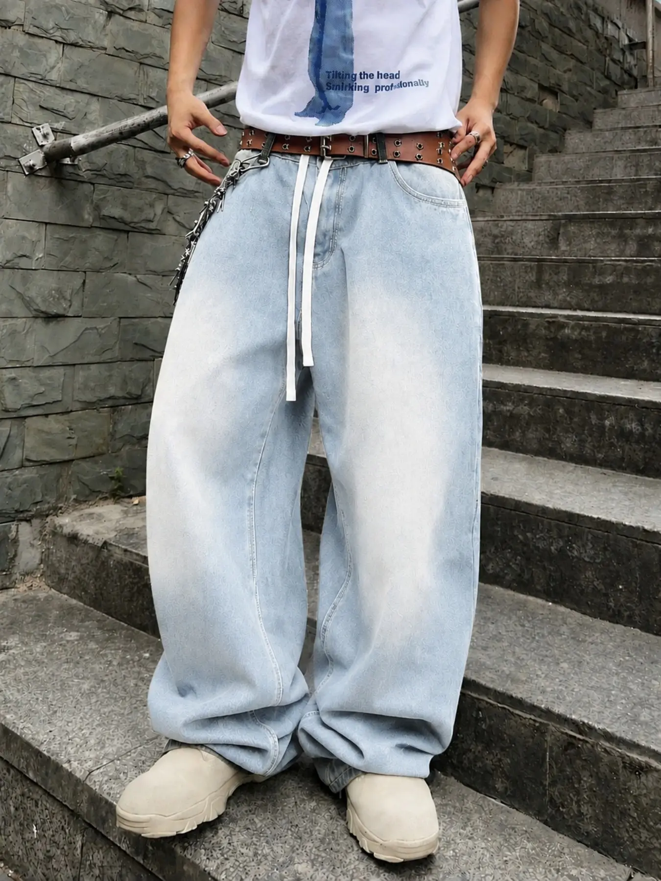 Men’s Charcoal Gray Washed Jacquard Jeans with Drawstring Waist, Baggy Wide Leg Casual Streetwear Denim Pants