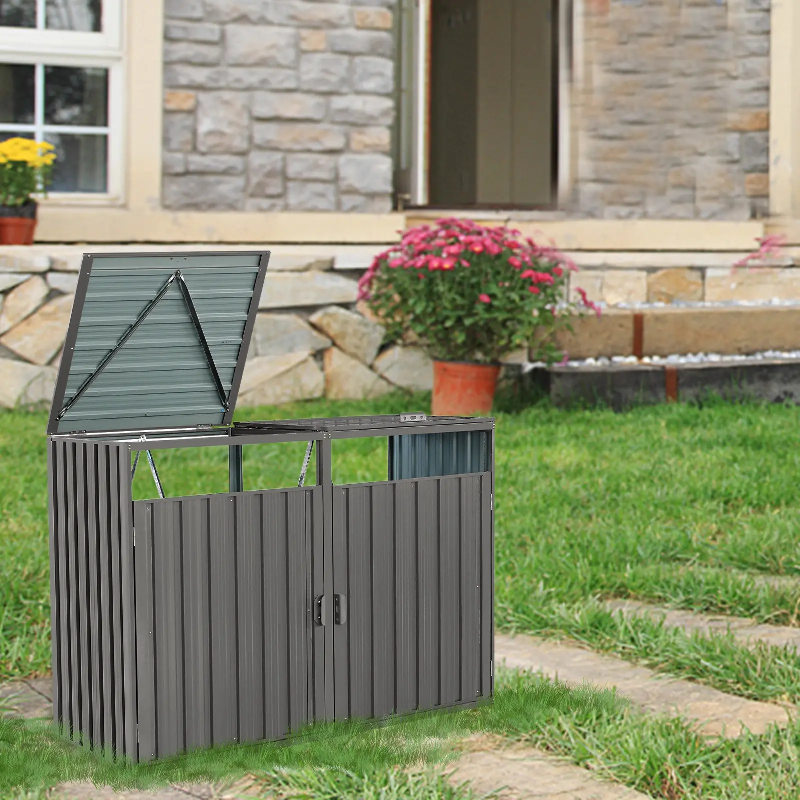 ARCH Outdoor Garbage Bin Shed Stores 2 Trash Cans, Metal Galvanized Steel Trash Can Storage Shed for Garden Yard Lawn Patio, Grey Waste Bin Hideaway Enclosure with Lid, Durable Weather-Resistant Outdoor Rubbish Bin Cover, Home Furniture and