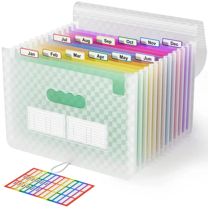 12-Pocket Accordion-Type File Organizer, Family Desktop Color-Coded File Racks (13"x9.4"x14"), Portable Expanding Letter/A4 Size Organizer with Colored Tabs for Monthly Bills & Receipts