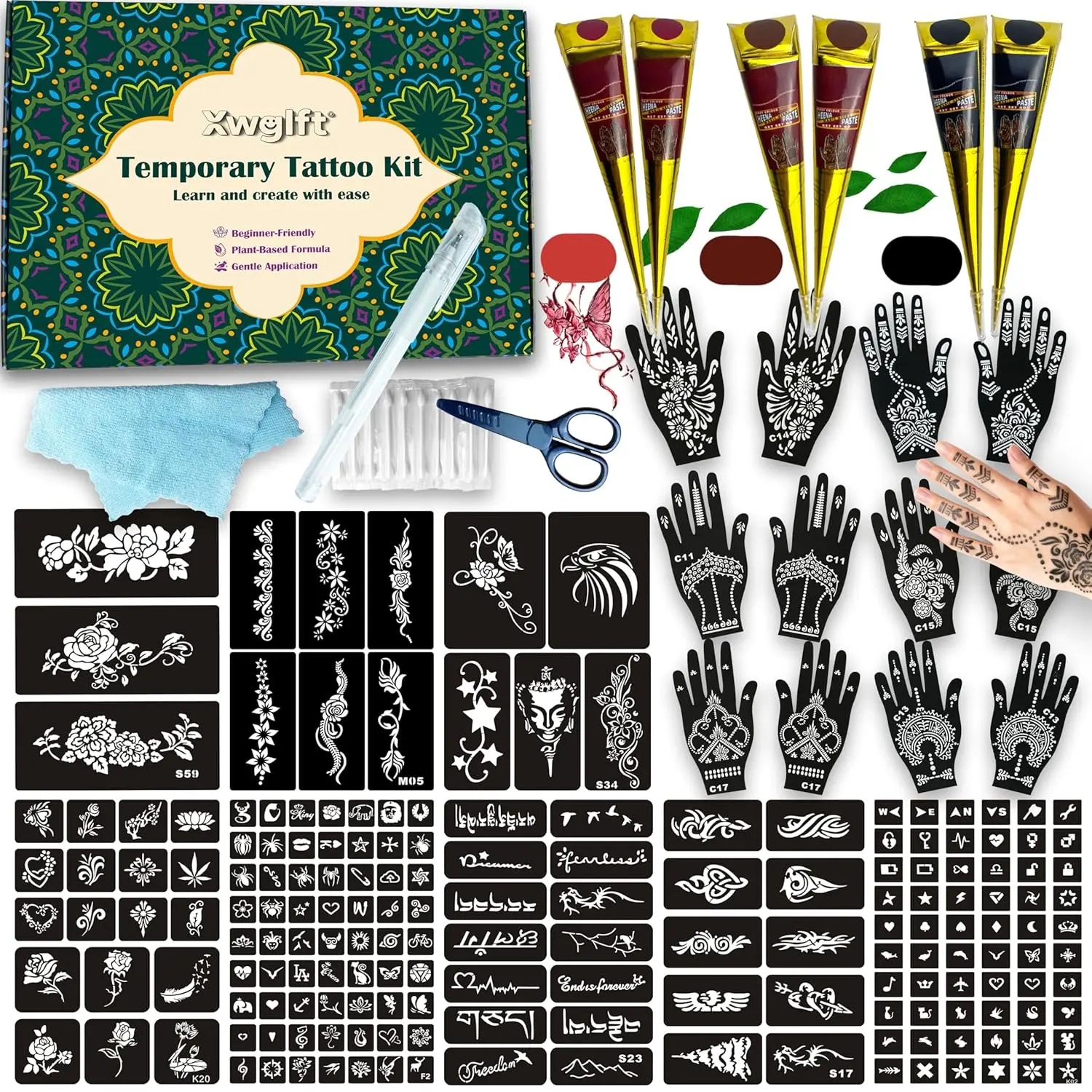 191 Pcs Temporary Tattoo Stencils Kit with 6 Tattoo Cones (2 Black, 2 Brown, 2 Dark Red), White Tattoo Outline Pen, Cotton Swabs & Towel| Perfect for Adults, Teens, Beginners, Family Fun & Parties