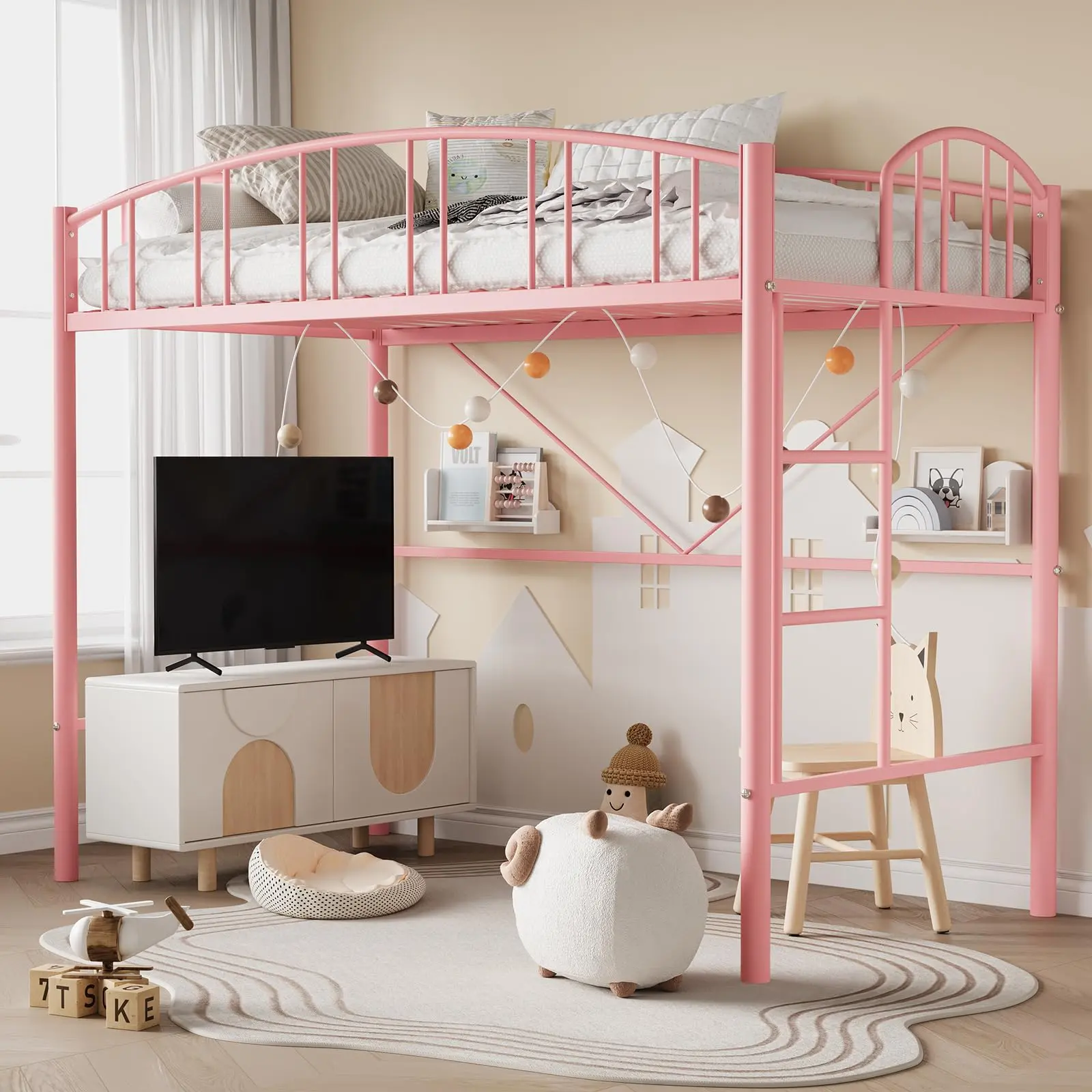 GARVEELoft Bed Twin Size, Heavy Duty Metal Loft Bed Frame with Arched Guardrail and Safety Ladder, Space-Saving, No Box Spring Needed, Matte Black