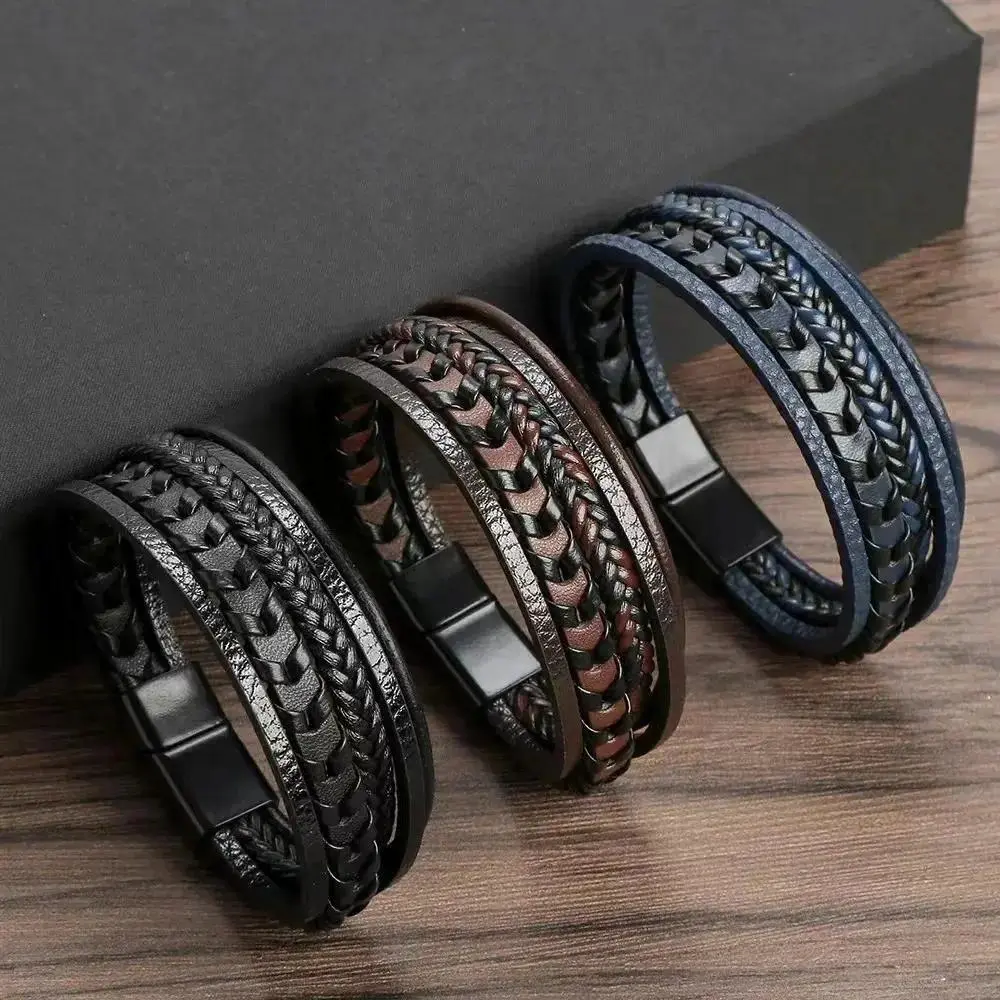 Men's 3-Pack Multi-Layer Sports Wristbands, Retro Leather Rope Link Alloy Jewelry with Magnetic Buckle, Summer Beach Vacation Accessories
