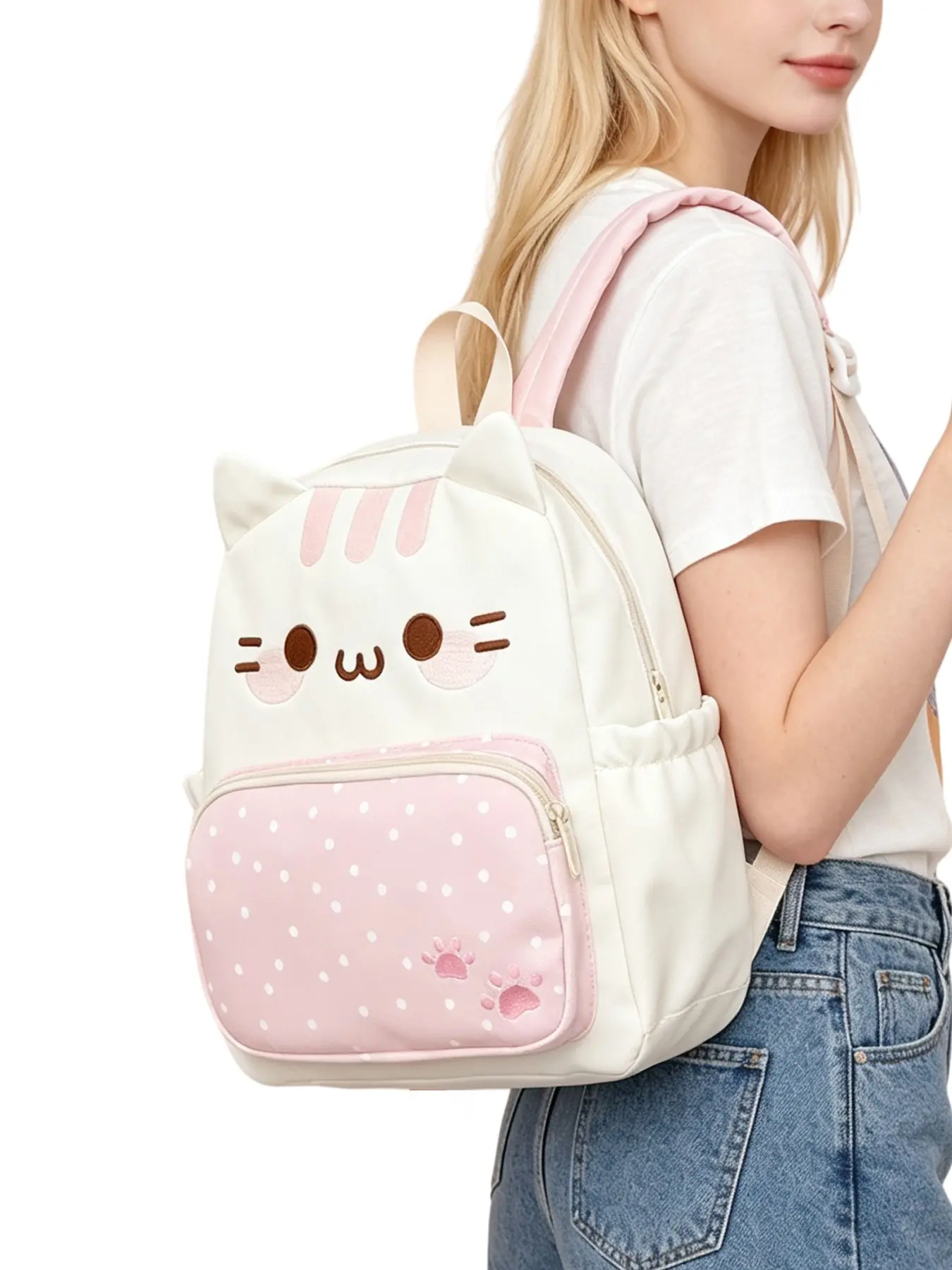 Cute Cat Backpack for Women, Cartoon Embroidery Casual Fashion Travel Bag, Large Capacity, Fits Tablet, A4 Books, Umbrella, Water Bottle, Birthday Gift