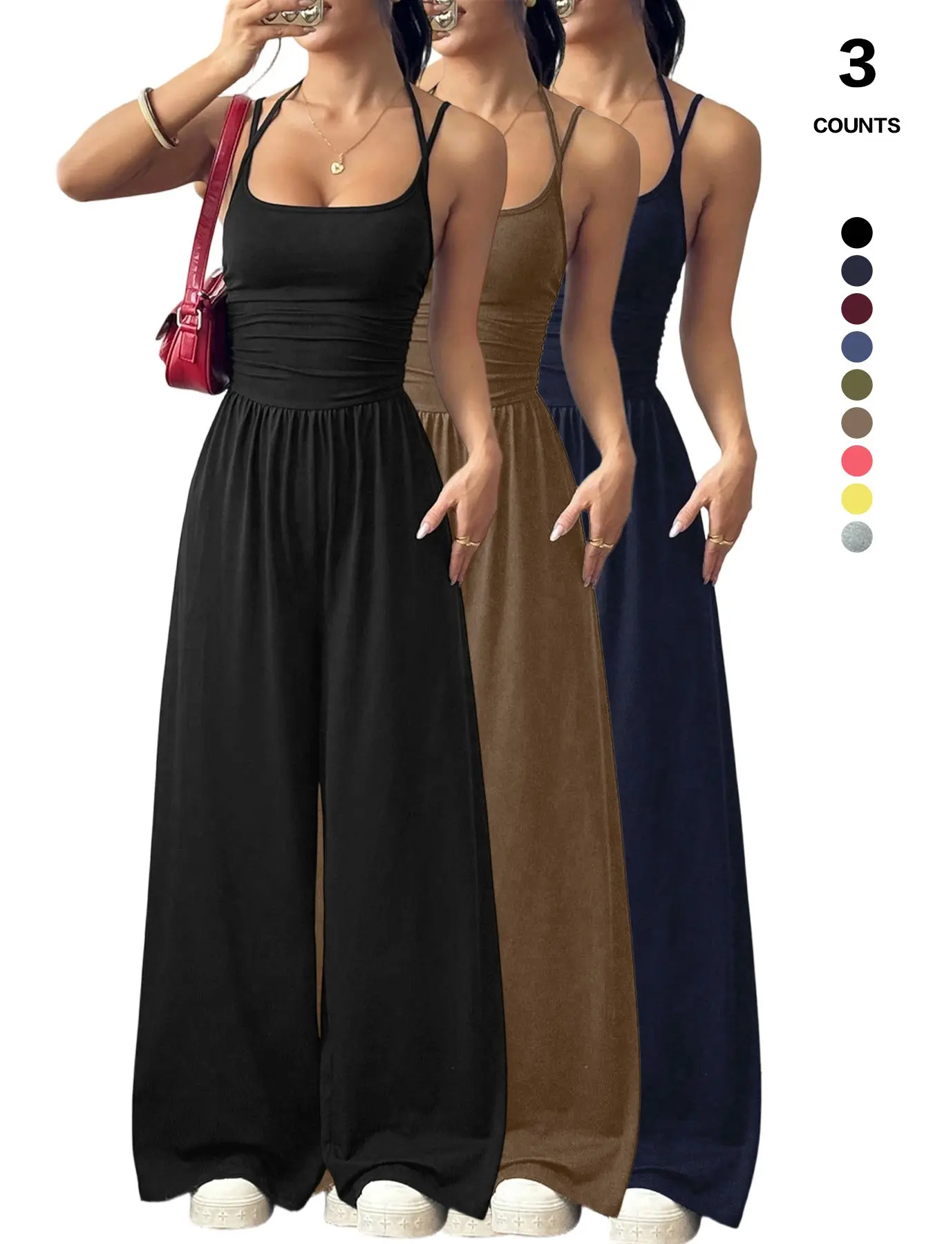 Women's Casual Palazzo Wide-Leg Jumpsuits, Sleeveless Spaghetti Strap Square Neck High-Waist Feminine Jumpsuit, Loose Lounge Clothes, Chic Fit Elegance Womenswear