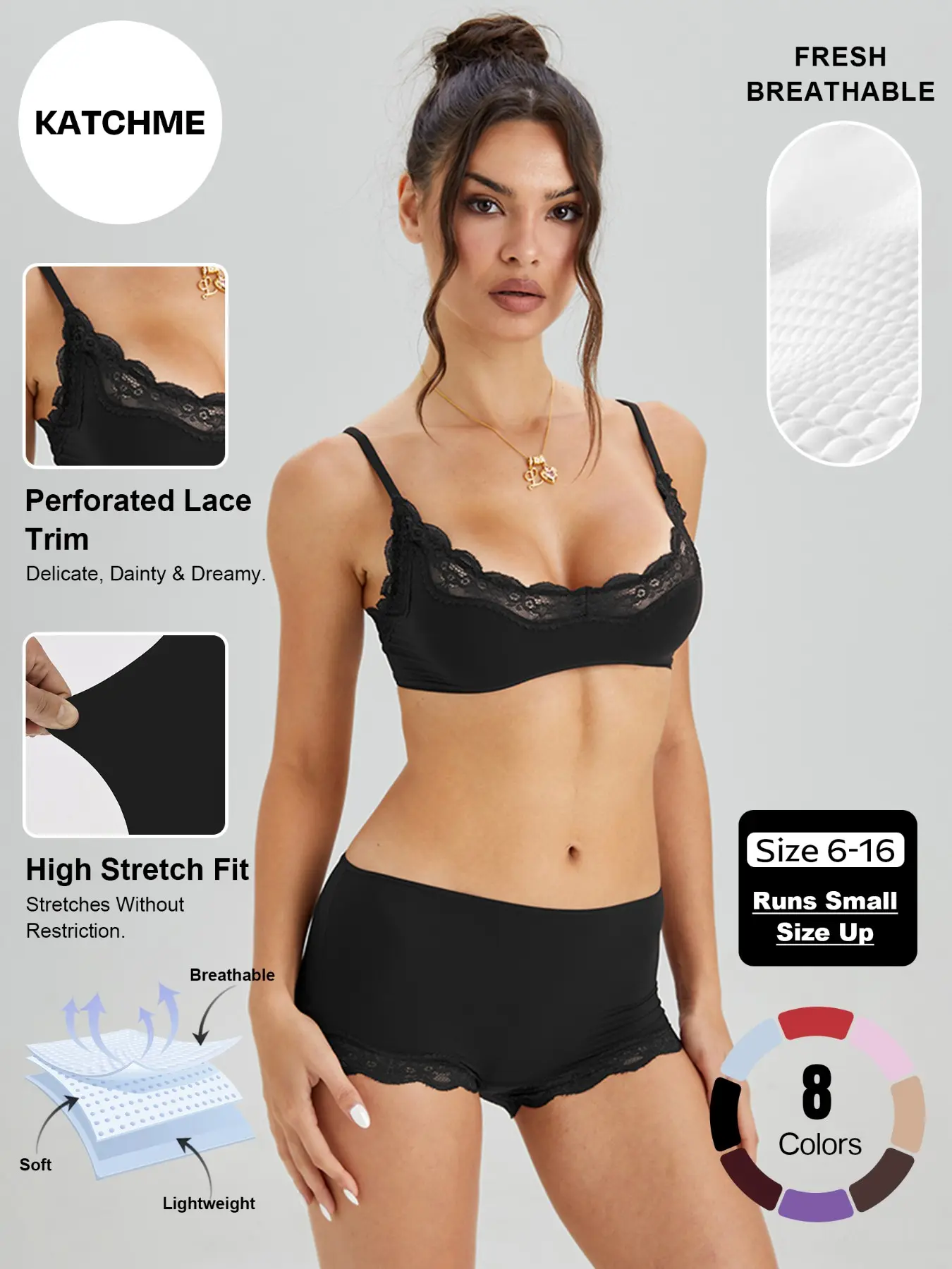 Women's Lace-Trim Spaghetti Bralette & Low-Rise Panty Set, Solid Color Slightly Sheer Lingerie & Underwear Set, Seamless Breathable Sweat-Wicking Stretch For Everyday Comfort