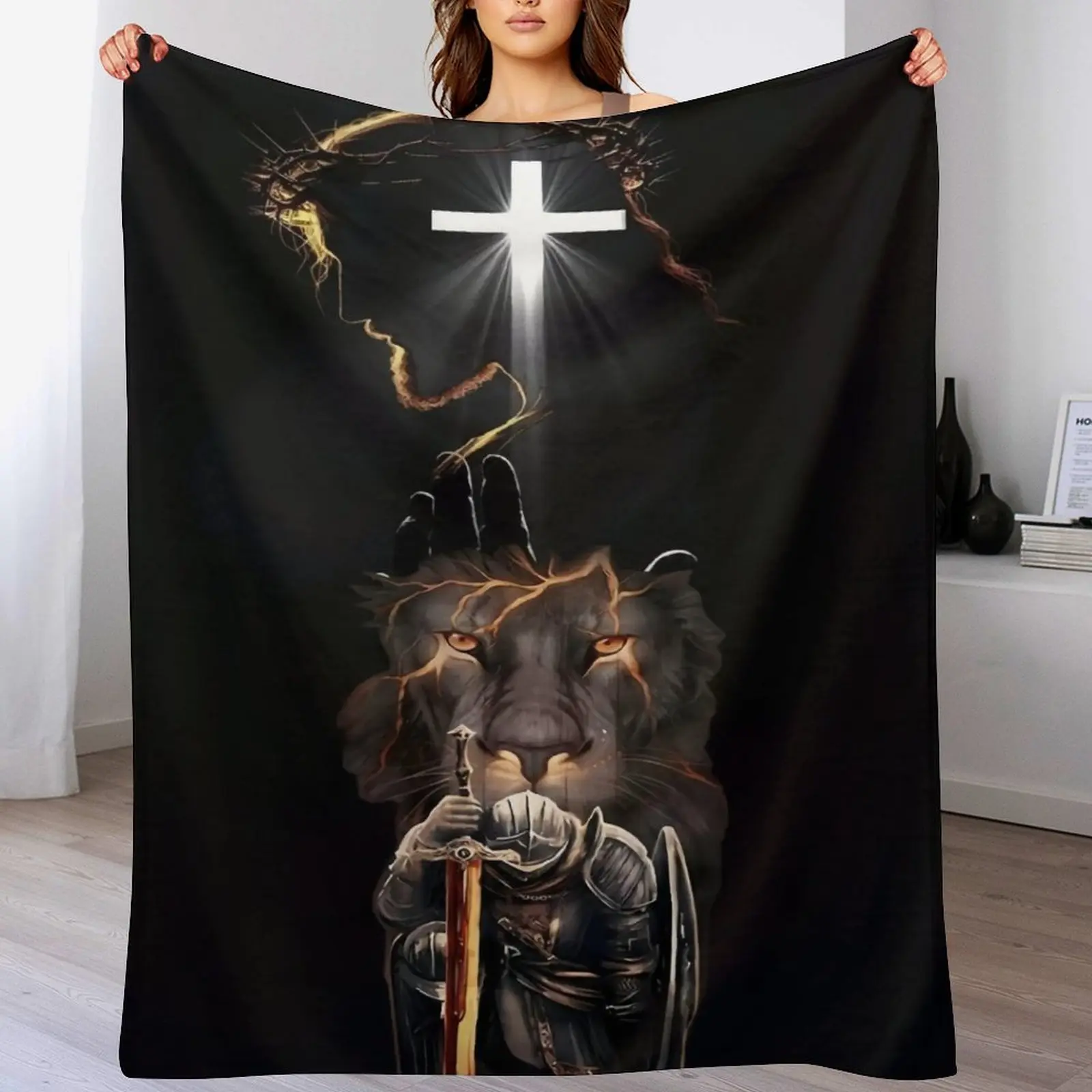 Lion of Judah Christian Blanket – Jesus Cross Light Spiritual Warfare Throw, Armor of God Cozy Fleece Blanket, Faith Warrior Prayer Blanket Gift for Men Dad Husband Christian Home Decor