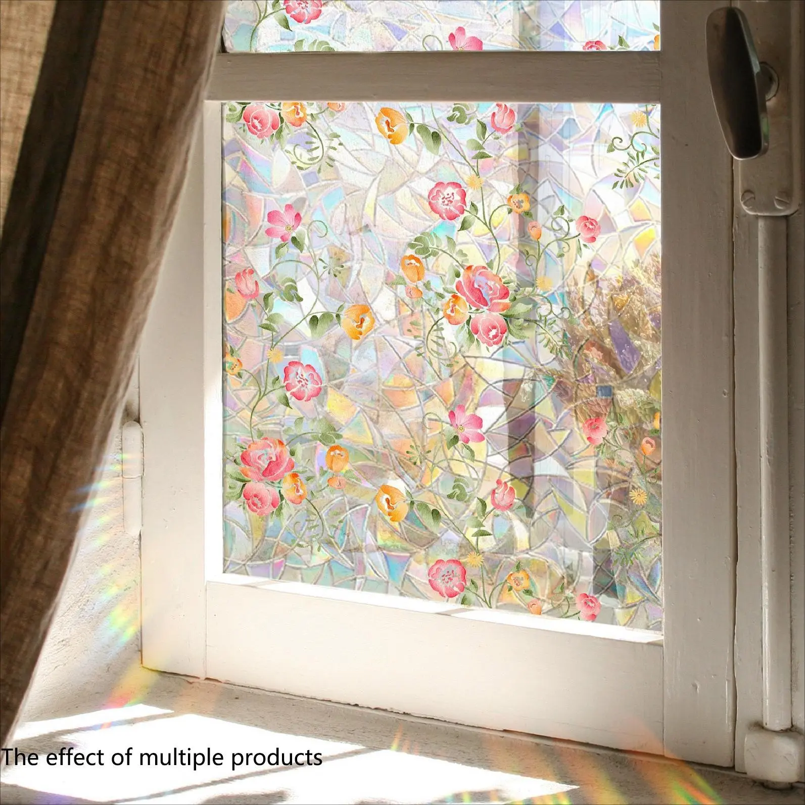 Floral Self-Adhesive Window Privacy Film - Removable Flower Pattern Glass Sticker, Static Cling Light Home Decor for Kitchen Cabinet, Gift-Worthy Plant-Themed UV Protection No-Glue Decal