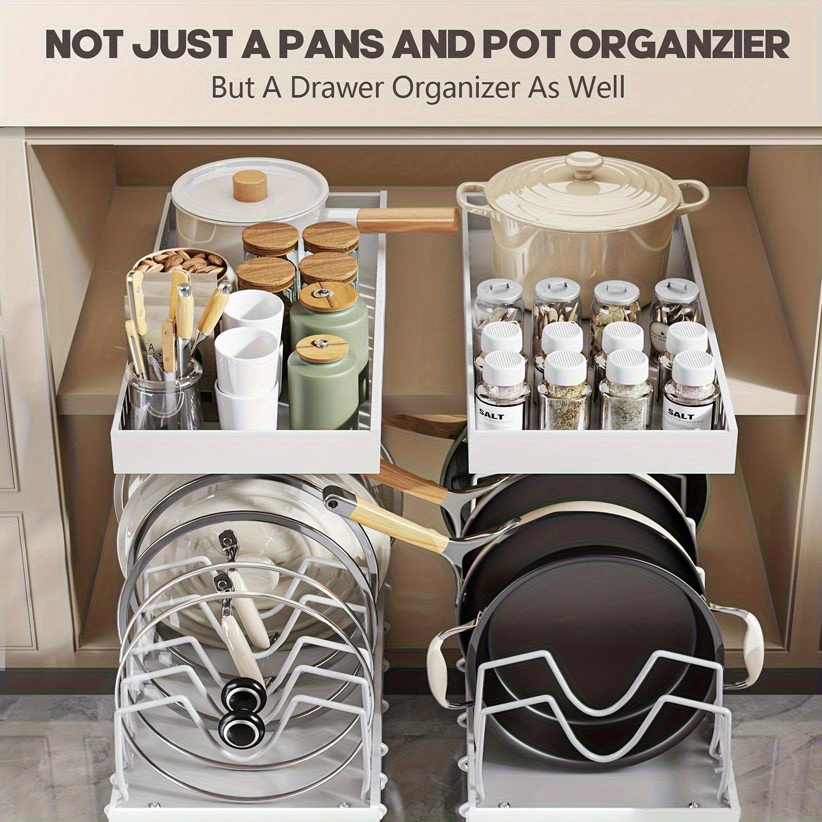 Cookware and Frying Pan Storage Rack with Sliding Lid Box, Suitable for Under Cabinet Use, Adjustable Divider Plate Lid Holder Designed for Kitchen Cabinets and Baking Utensils