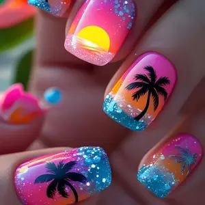 Women's 24pcs Short Square Press On Nails - Sunset Ombre, Black Coconut Palm Tree, Yellow Sun, Chunky Glitter, Tropical Aesthetic Fake Nails for Summer Beach Vacation, Nails Press On