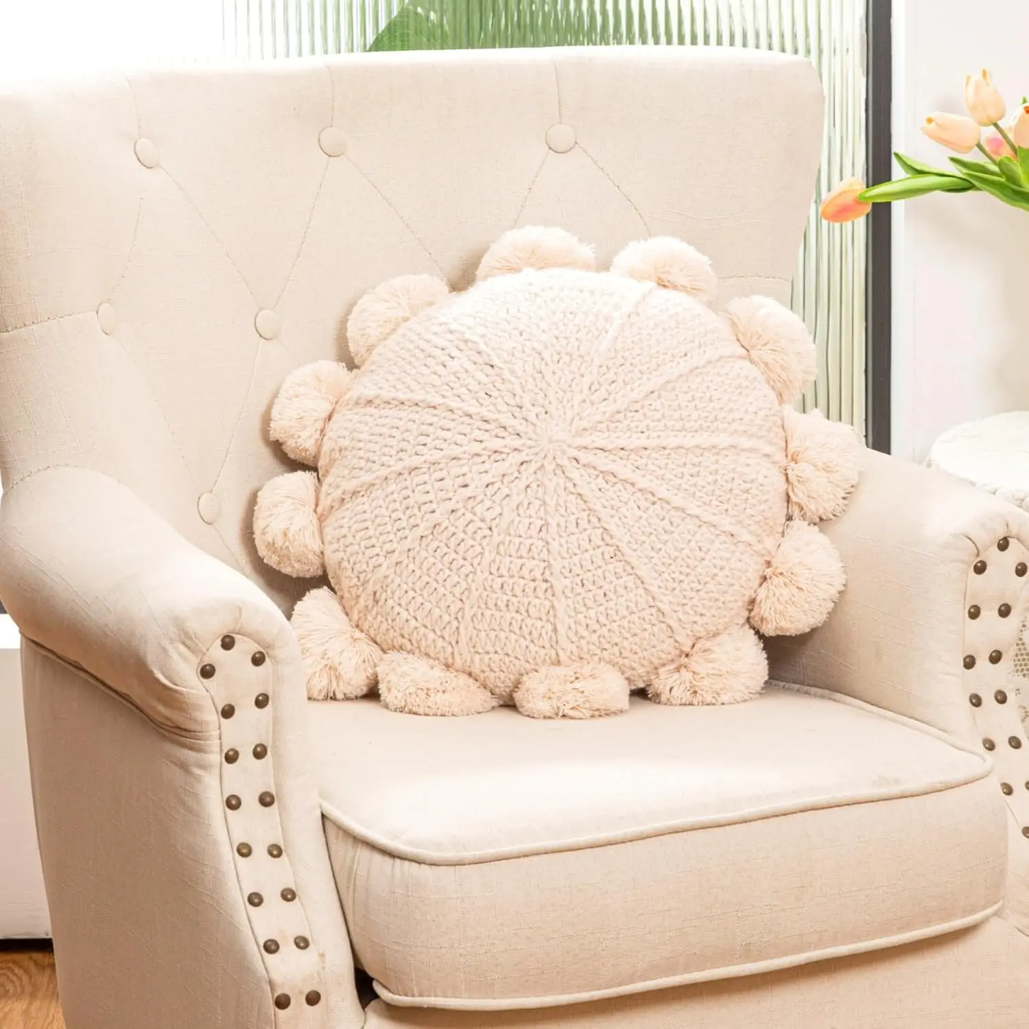 Knitted Round Throw Pillow  Couch Pillow Decorative Pillow with Pom Pom (Beige, 18inch)