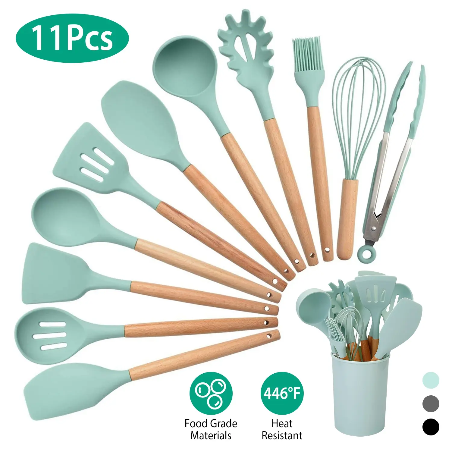 Wooden Kitchen Utensil Set with Spoon, Whisk, Ladle, Tongs - 2 Color Options Home Organizer Storage Jar Compatible Accessory