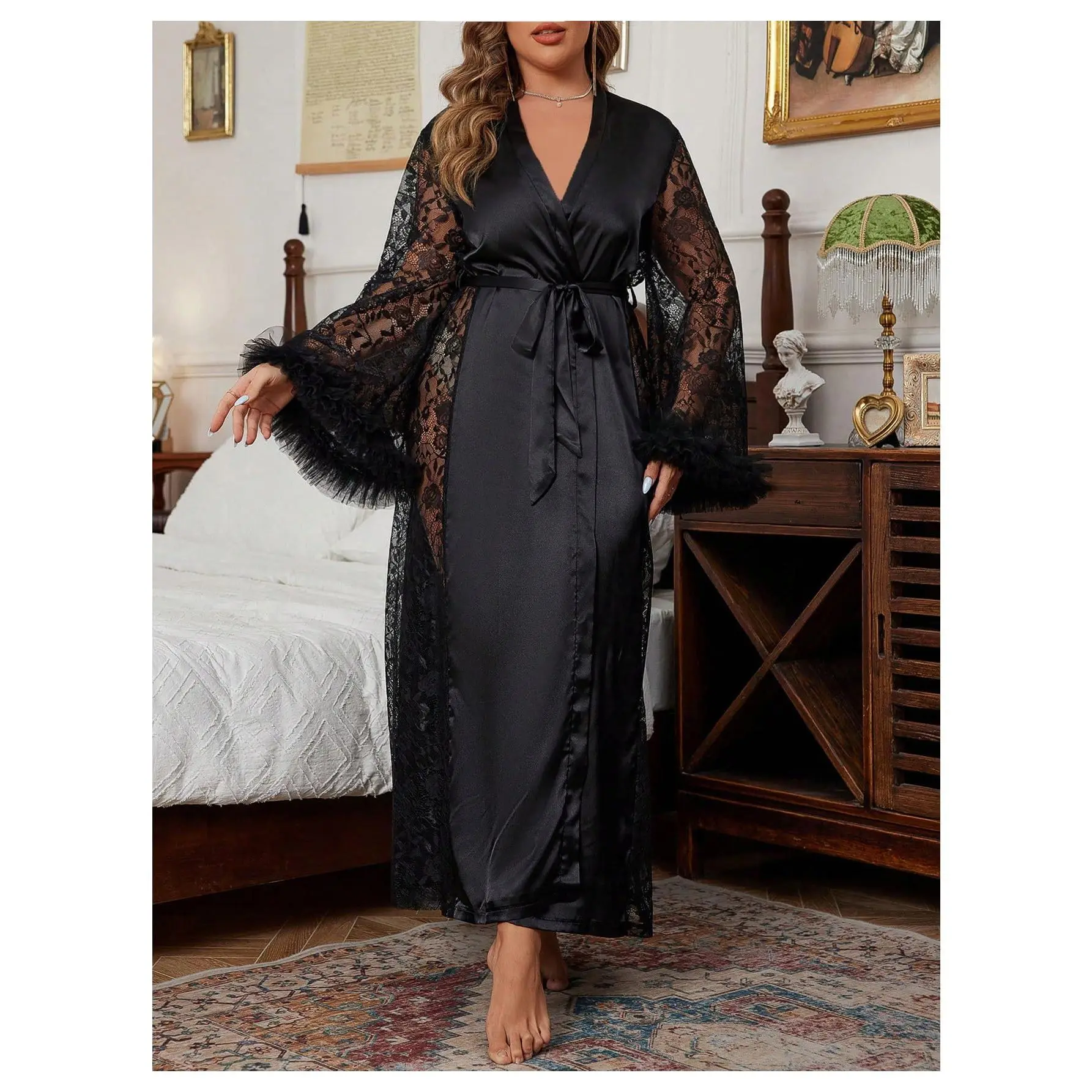 Plus Size Satin Robe Sheer Lace Kimono Fuzzy V Neck Long Sleeve Belted Bathrobe