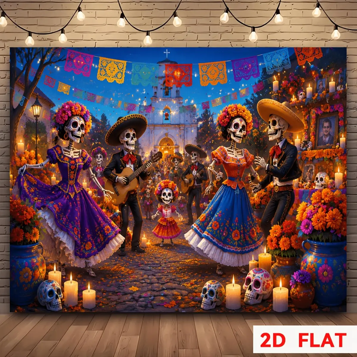 2D Flat Banner 1pc Mexican Town Day of The Dead Church Carnival Backdrop, for indoor decor, Day of The Dead party shooting, photo backdrop, theme decor, polyester material, multiple sizes available, Backdrop Decoration