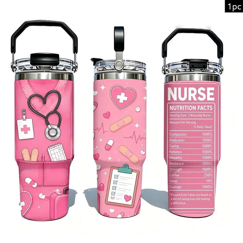 1PC 30oz  Nurse Stethoscope Heart Medical Pattern Insulated Tumbler with Portable Handle & Leak-Proof Lid, Double Wall Vacuum Travel Mug, Large Capacity Cup for Men Women, Birthday Christmas Nurse Theme Gift