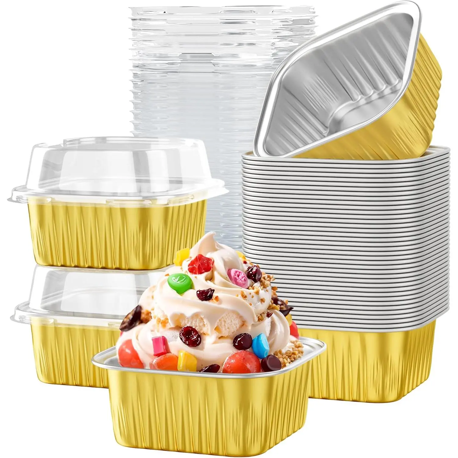 Gold 40-Pack 5 oz Transparent Lid Mini Square Aluminum Foil Bakeware, Disposable Cake Cups for Wedding, Birthday Party - Brownie, Cupcake, Muffin, Flan Molds, Cake Cup