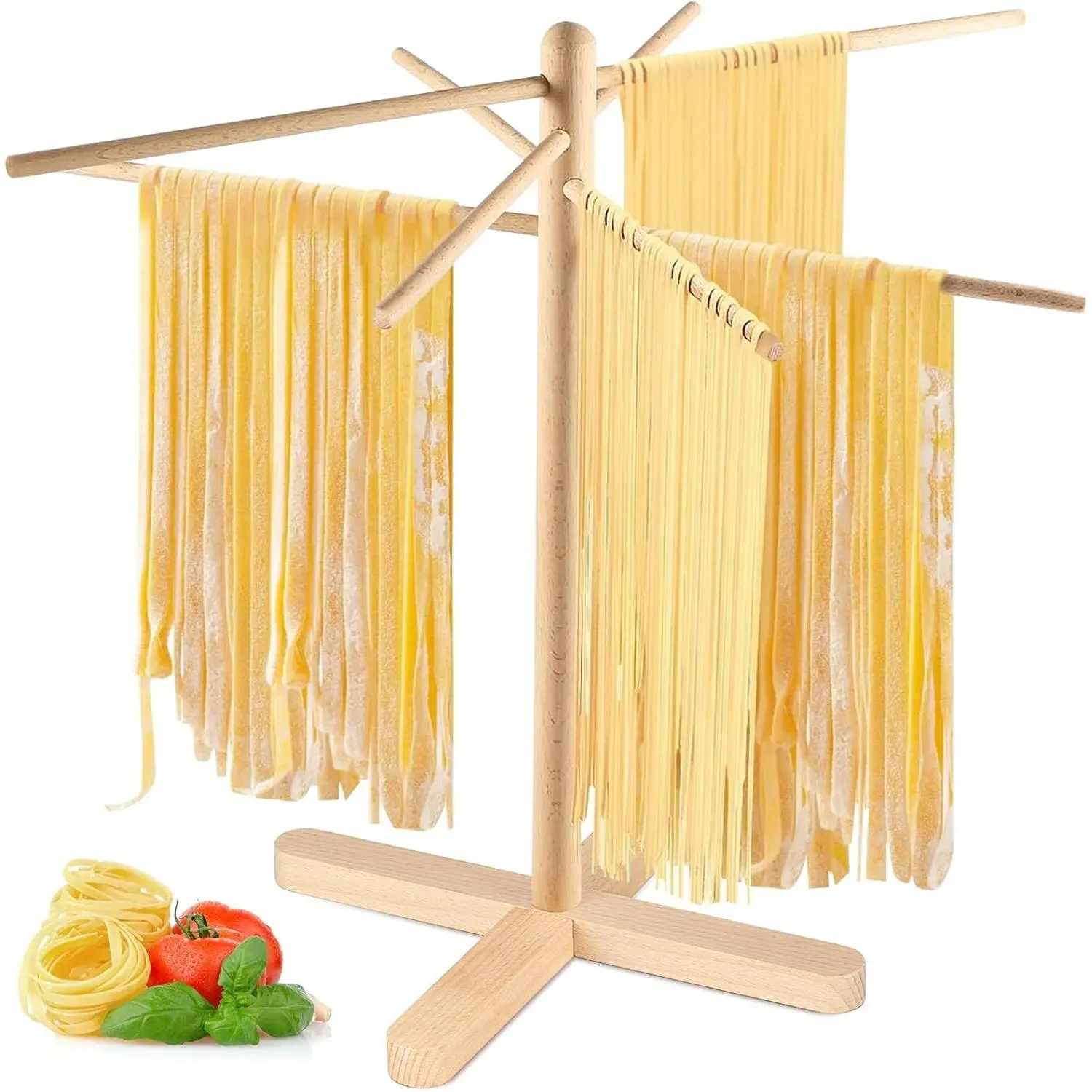 Pasta Drying Rack, Collapsible Wooden Pasta Drying Rack with 8 Bar | Spaghetti Noodle Drying Rack, Quick Set UP & Easy Storage Homemade Stand Dryer Hander For Fresh Noodle, Storage Bag Included