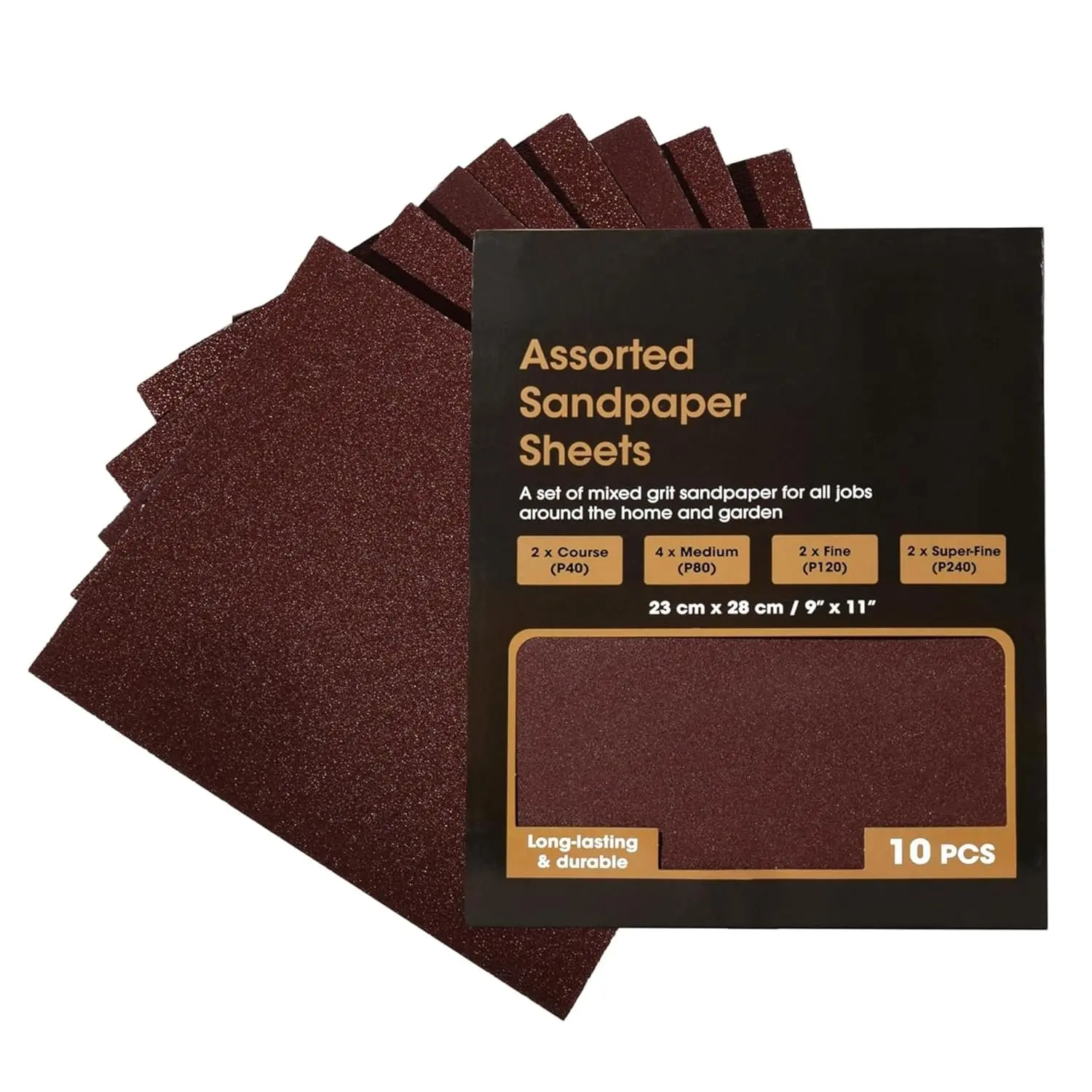10-Pack Aluminium Oxide Sandpaper Sheets (Larger Size) - Garden & Home Jobs Use - Hand Sanding, Sanding Block or Sander Compatible - 2 Coarse (P40), 4 Medium (P80/P120), 4 Fine (P240) Grades