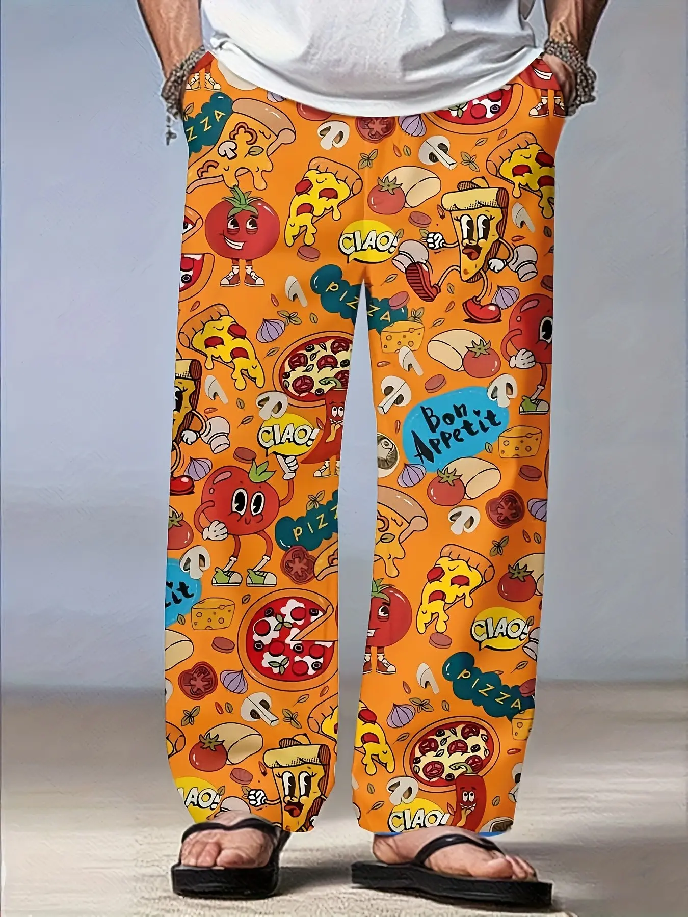 Unisex Cartoon Pizza Food All Over Print Sleep Pants Elastic Drawstring Waist Loose Straight Leg Soft Casual Home Loungewear Nightwear Daily Walking Pajama Trousers With Side Pockets