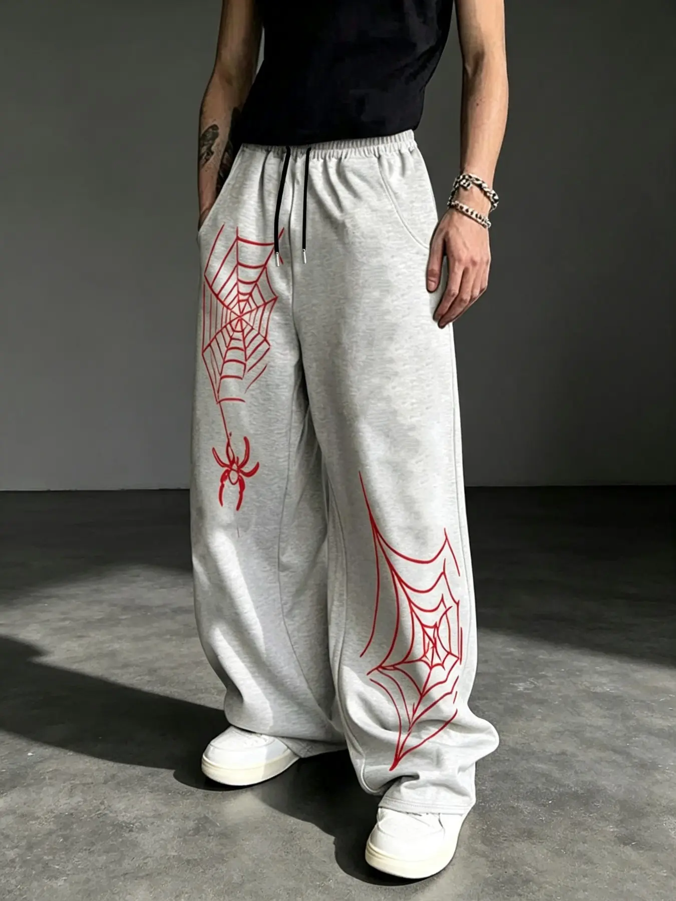 Men's Street Style Loose Fit Casual Sports Pants, Graphic Sweatpants, Spider Web Print, Suitable for Spring & Fall Outdoor Activities and Home Wear