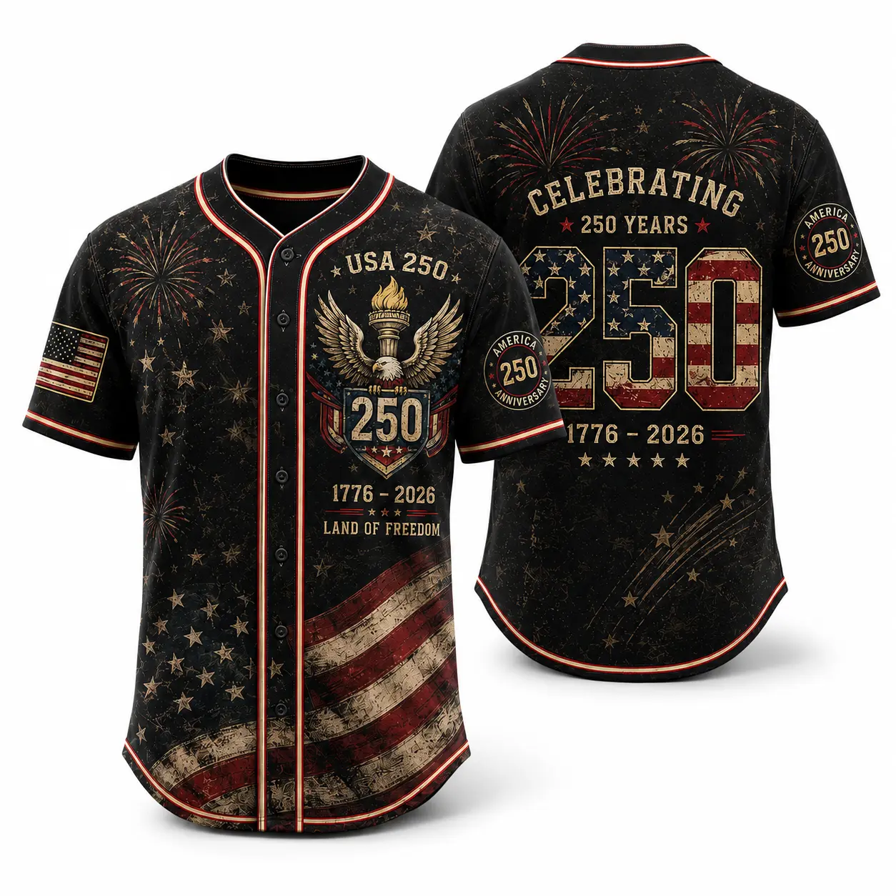 Patriotic USA 250th Anniversary Baseball Jersey - Men's/Women's Black Vintage 1776-2026 Button-Up Shirt with Eagle Torch Flag Print, Lightweight Polyester 4th of July Streetwear, 4th of july outfits, Short Sleeve Tops, Sporty Chic Watch Party Wear