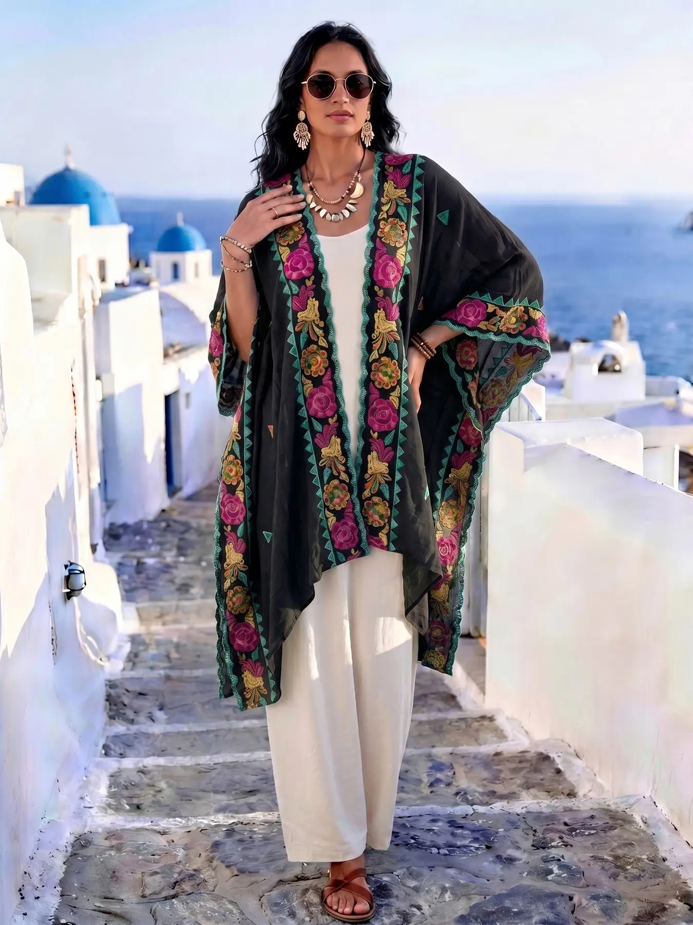 Boho Geometric Embroidered Split Shawl for Dress, Loose Fit Conceals Fat, Versatile Style for Beach, Commute, Dates, Perfect Builder