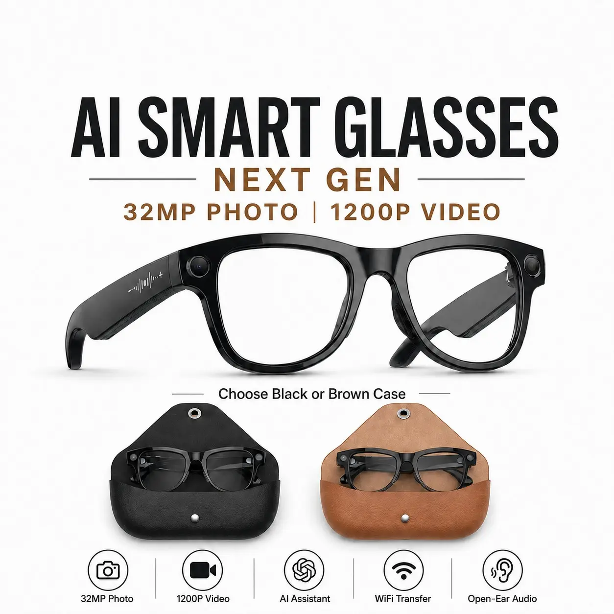 2026 New  Smart Travel Glasses, 32MP photo 1200p Video Recording, 3 Detachable Lenses Included, Qwen ChatGPT AI Voice Wake-Up Real-Time Translation Voice Assistant & Premium Genuine Leather Fast Charging Case, IP65 Dustproof, Smart Camera Glasses